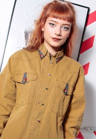 80S MUSTARD WASHED DENIM PAISLEY COLORFUL SHIRT 90S GRUNGE