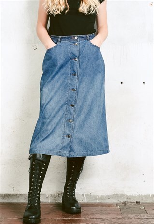 VINTAGE 90S BUTTON-FRONT DENIM MIDI SKIRT