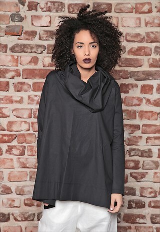 LOOSE CASUAL TOP /BLACK HOODED TUNIC/CAPED TUNIC HOODIE