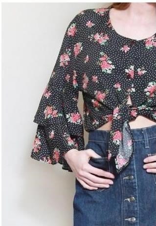 VINTAGE 1970'S BLACK MIXED FLORAL AND SPOT PRINT BLOUSE