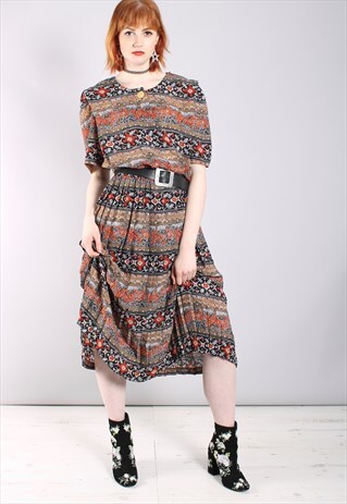 VINTAGE 80S ABSTRACT PATTERNED PLEATED MIDI DRESS