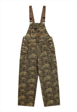 Military dungarees camo print overalls army playsuit brown