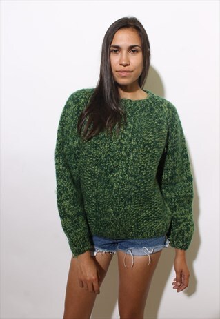 VINTAGE 1960'S 60'S CHUNKY GREEN CABLE KNIT WOOL JUMPER M-L