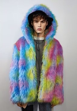Hooded rainbow faux fur jacket unicorn bomber neon rave coat