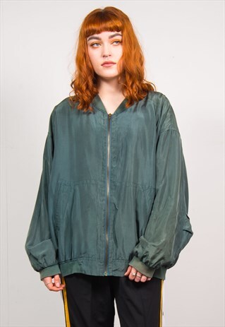 VINTAGE 90'S GREEN SILK OVERSIZED BOMBER JACKET