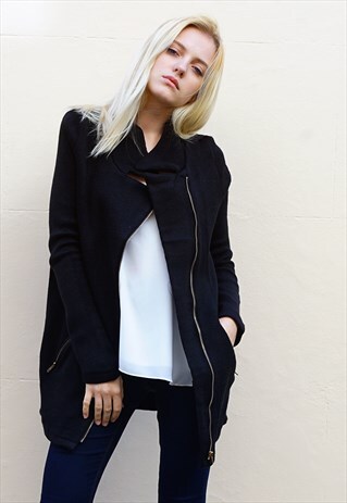 BLACK FAUX LEATHER CONTRAST FINE KNIT JACKET