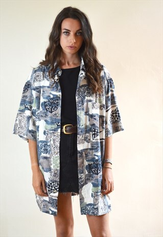 80S VINTAGE GREY & BROWN ABSTRACT PRINT SHORT SLEEVE SHIRT