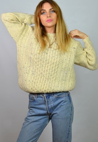 VINTAGE CREAM FLECK ARAN CHUNKY CABLE KNITTED JUMPER