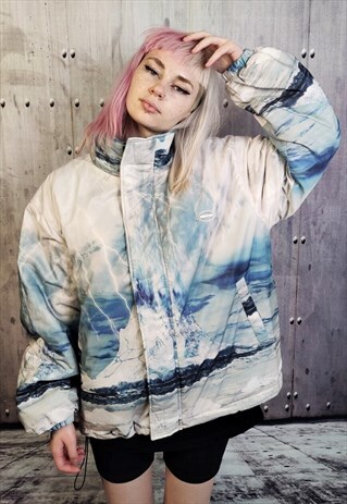Earth print bomber North mountain thin puffer jacket white