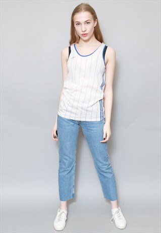 VINTAGE 1990'S WHITE AND BLUE STRIPED ADIDAS LOGO VEST TOP