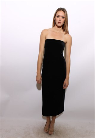 VINTAGE 1990'S 90'S BLACK STRETCH VELVET STRAPLESS DRESS S-M