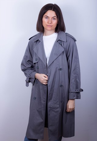 VINTAGE GREY TRENCH COAT WITH TARTAN LINING