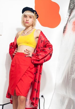VINTAGE SKIRT 80S HIGH-WAISTED RED GRUNGE MIDI SKIRT
