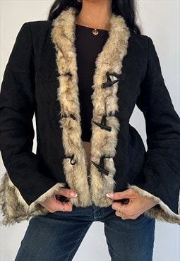 00s Black Suede & Faux Fur Afghan Short Jacket