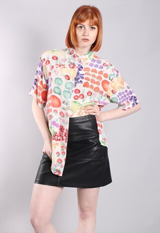 VINTAGE 80S SILK FRUIT PATTERNED OVERSIZE SHIRT