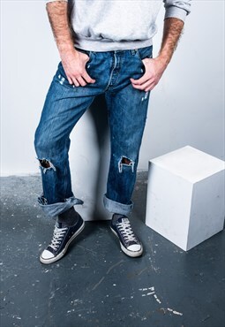 Vintage Levi's 501 Jeans in Blue Denim Rips and Paint Marks
