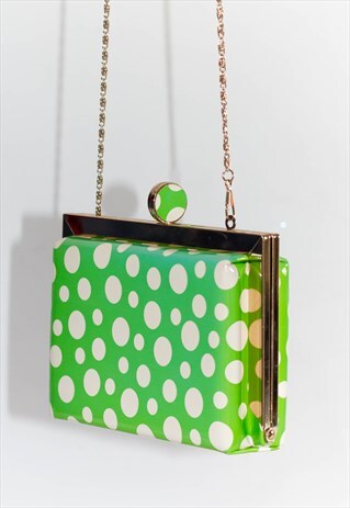 VINTAGE 90'S BOXY LIME GREEN POLKA DOT GOLD CHAIN BAG