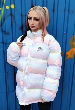 Marshmallow print bomber rainbow puffer jacket pastel pink