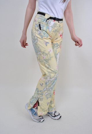 80S FLORAL PRINT SKI SUIT PANTS, VINTAGE YELLOW SNOW TROUSER