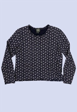 Blue Floral Long Sleeve Round Neck Top
