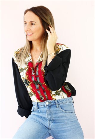 VINTAGE 80'S RETRO BLACK CHAIN PRINT SHIRT BLOUSE