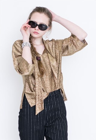 VINTAGE BROWN SHINY RETRO BLOUSE