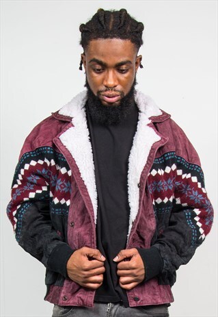 SUEDE BURGUNDY AZTEC BOMBER JACKET COAT