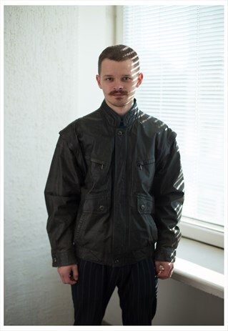 VINTAGE 80'S GREY LEATHER BOMBER JACKET