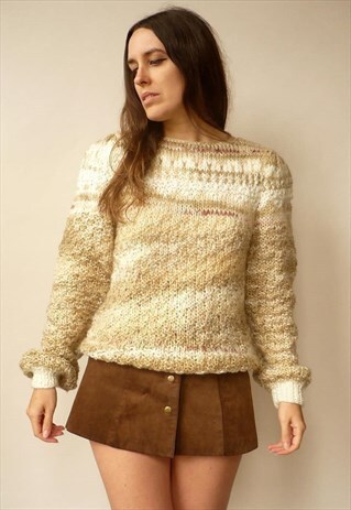 1980'S VINTAGE HAND KNITTED NEUTRAL FIBER ART KNITTED JUMPER