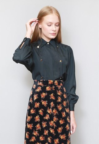 VINTAGE 1980'S BLACK PLEATED BUTTON FRONT BLOUSE