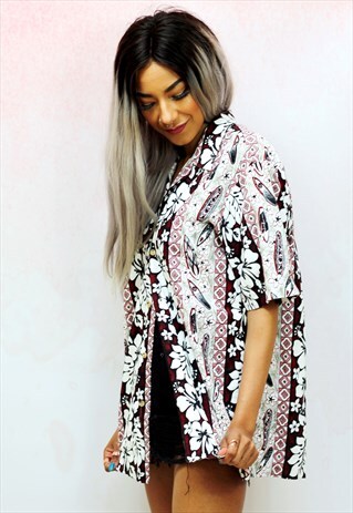 1990S VINTAGE RED AND WHITE HAWAIIAN COTTON OVERSIZED SHIRT