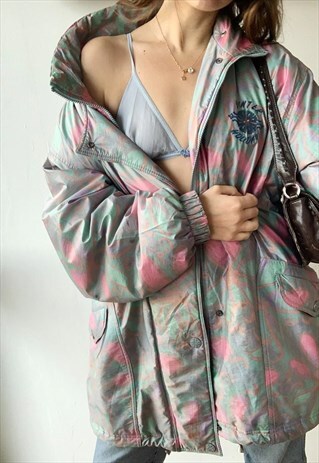 VINTAGE 80S ABSTRACT PRINT PUFFER LONG SKI JACKET COAT PARKA