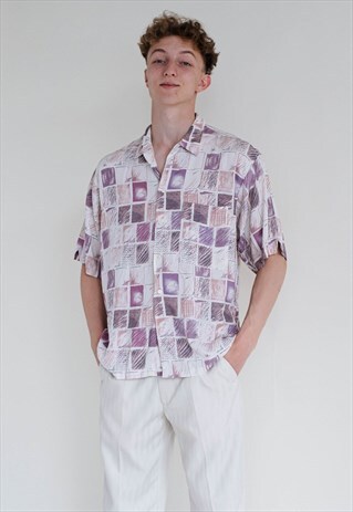 VINTAGE 90S GEOMETRIC BOXY BUTTON UP SHIRT IN PASTEL PURPLE
