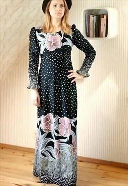 Black long maxi floral dot long sleeve vintage dress