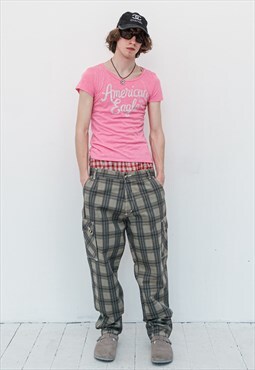 90's Vintage skater plaid pocket detail trousers in greys