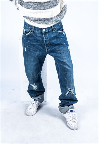 VINTAGE LEVI'S 501 JEANS IN BLUE DENIM WITH RIPS PAINT MARKS