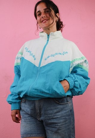 VINTAGE TREVOIS TREVOL FLOWERS TRACK JACKET IN BLUE L