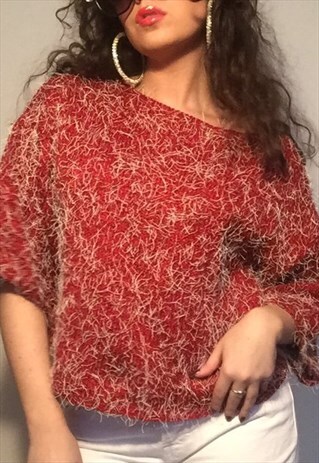 VINTAGE FLUFFY CROPPED RED JUMPER TOP