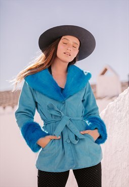 THE DUCHESS - Azul Blue Suede Penny Lane Faux Fur Trim Short