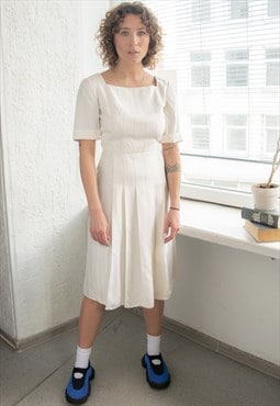 Vintage 70's Cream/White Midi Pleated Dress