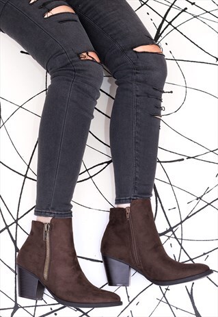 KAILA BLOCK HEEL ANKLE BOOTS SHOES - BROWN SUEDE STYLE