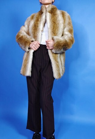 BEAUTIFUL 80'S VINTAGE FAUX FUR COAT IN SHADES OF BEIGE