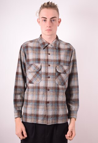 PENDLETON MENS VINTAGE FLANNEL SHIRT LARGE GREY CHECK 90S