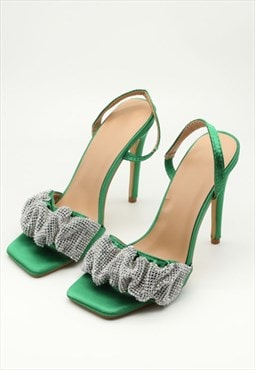 Diamante Embellished Heeled Sandals In Green