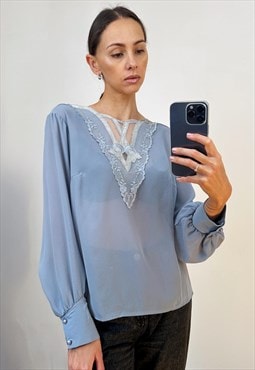 Vintage grey embroidered semi-sheer blouse