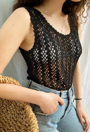 VINTAGE 90S MILKMAID COUTRYSIDE CROCHET KNIT BOHO BLOUSE TOP