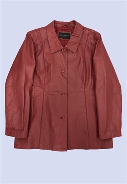 Deep Red Genuine Leather Button Up Collared Casual Jacket