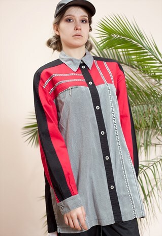 BLACK AND RED BUTTONED BLOUSE WITH A PSYCHODELIC PATTERN