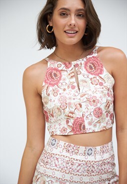 Mulberry floral print ruffled crop top with criss-cross back