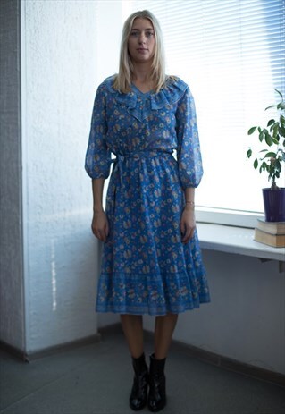 VINTAGE 80'S BRIGHT BLUE PATTERNED MIDI DRESS